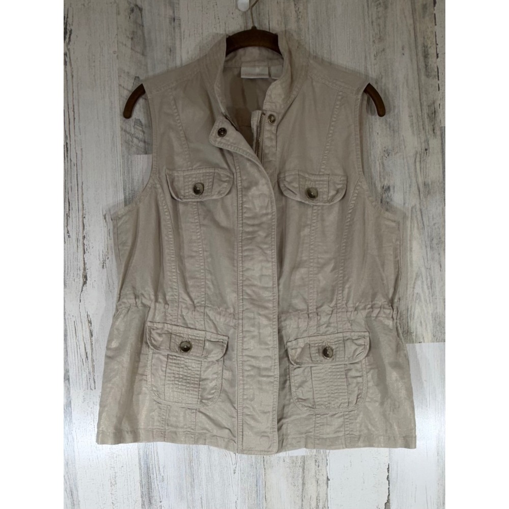 Chicos Linen Blend Utility Vest Size 1 or Medium‎ Beige Gold Sheen Pockets Zip